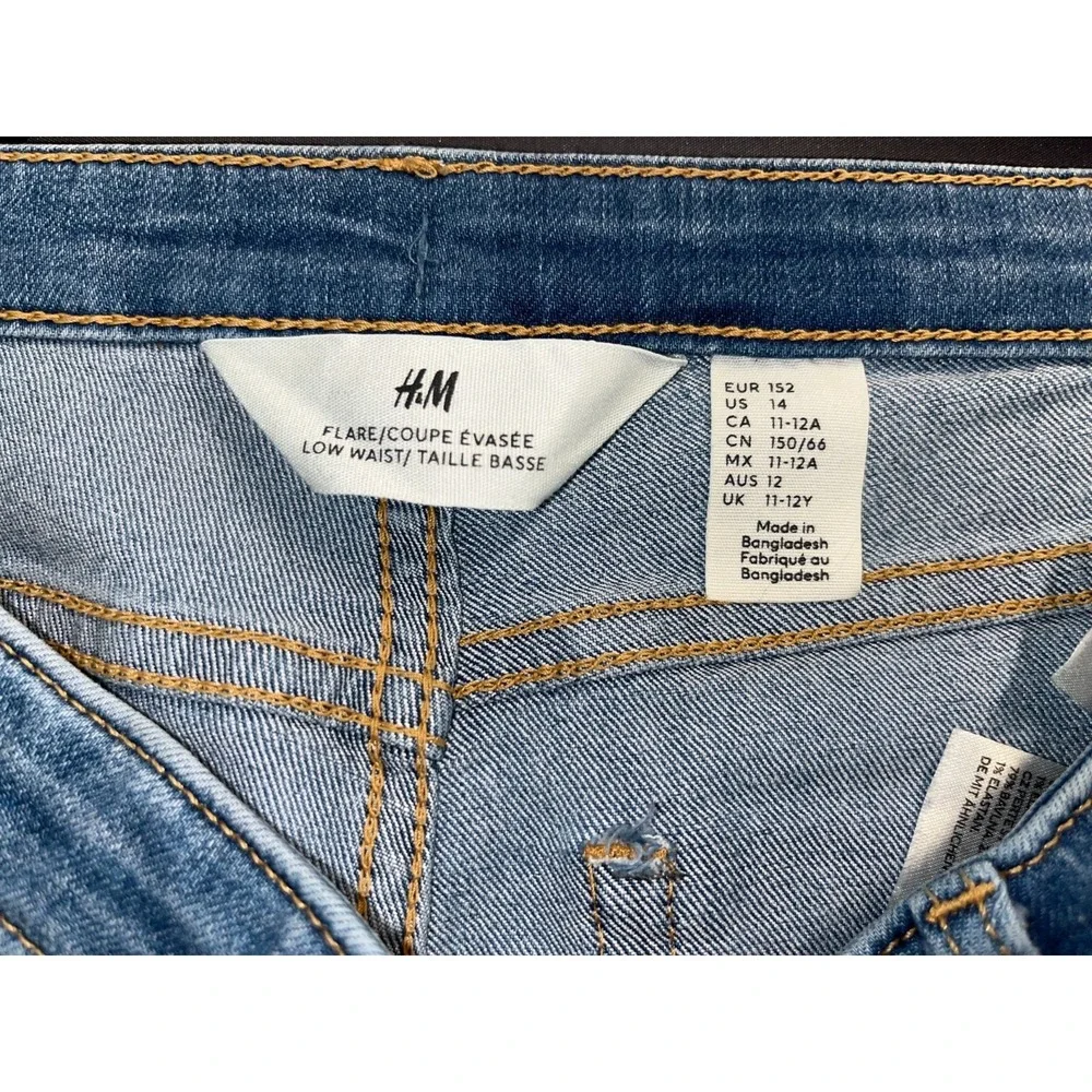 H&M Flare Low Waist Jeans Girls 14 Blue Denim Cotton Stretch Ankle‎ Slit Casual